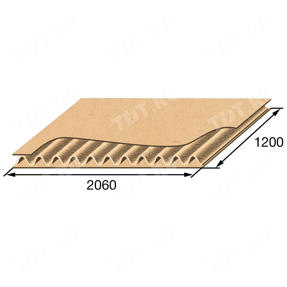 Лист гофрокартона Т21, 1200*2060 мм, волна вдоль стороны 1200 мм
