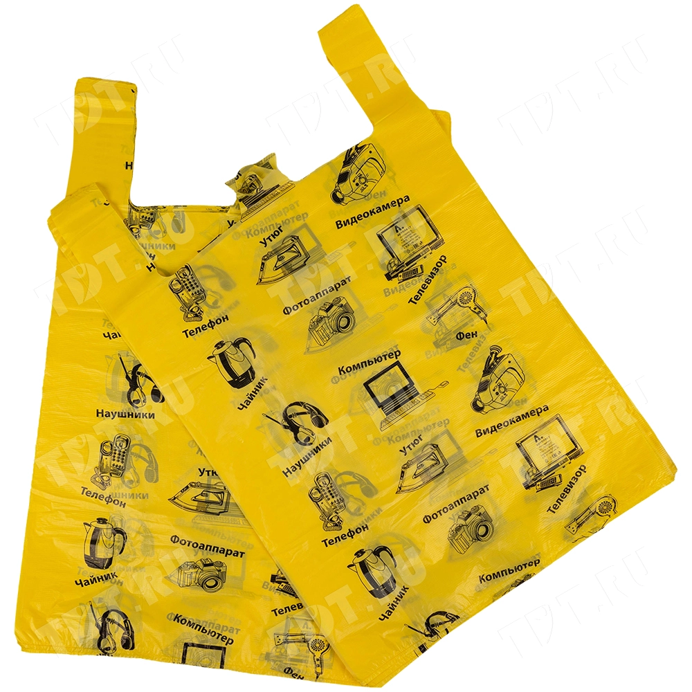 Пакет майка ПНД «Электроника» желтый, 43+20*64см, 23 мкм, 50шт.
