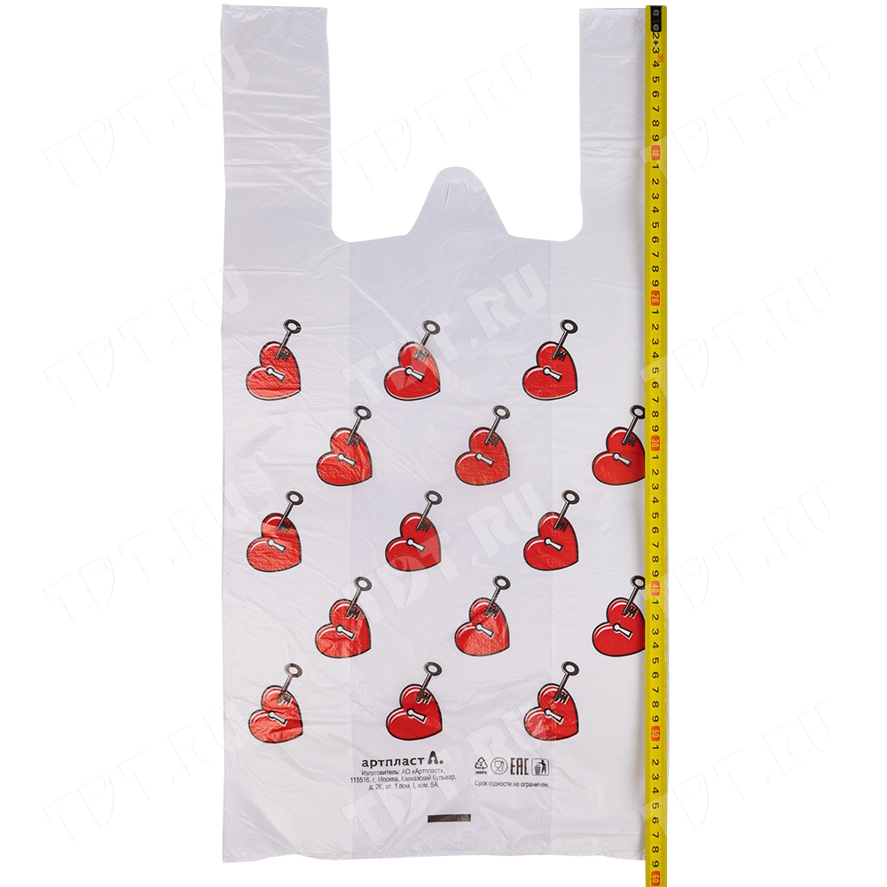 Полиэтиленовый пакет майка ПНД «Сердечки», 30+16*60см, 15 мкм, 50шт.