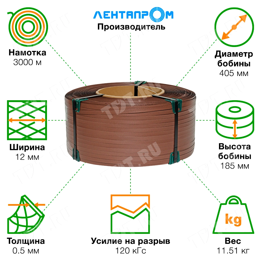 Полипропиленовая стреппинг лента, тёмно-коричневая, 12*0.5 мм, 3000 м, 120 кГс