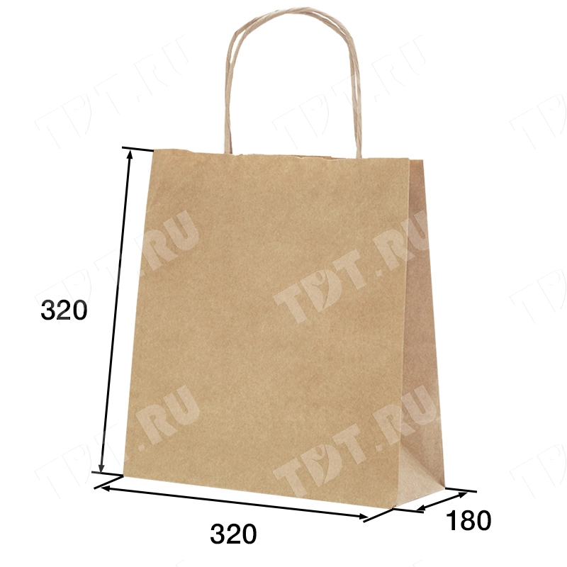 Крафт пакет с крученой ручкой, 70 г/м², 32*18*32 см