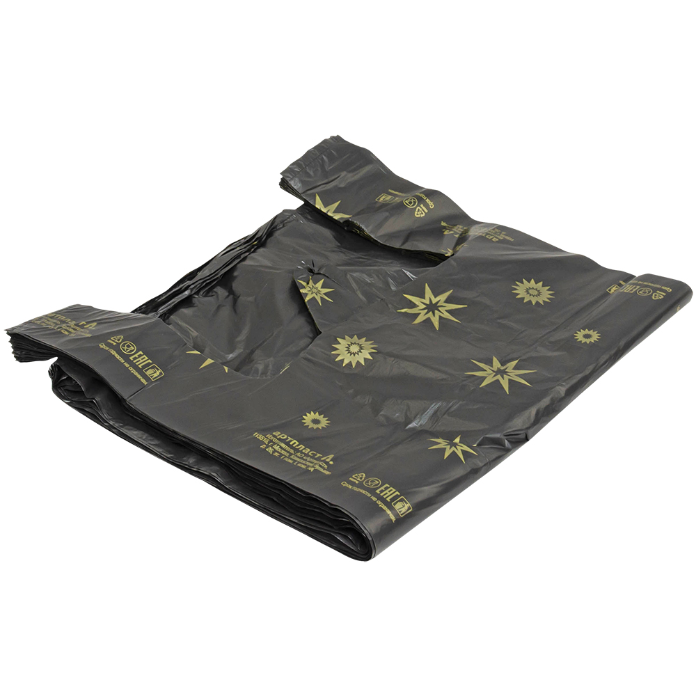 Пакет майка ПНД черного цвета «Звезды», 32+16*55см, 17 мкм, 50шт. Пакет майка ПНД черного цвета «Звезды», 32+16*55см, 17 мкм, 50шт.