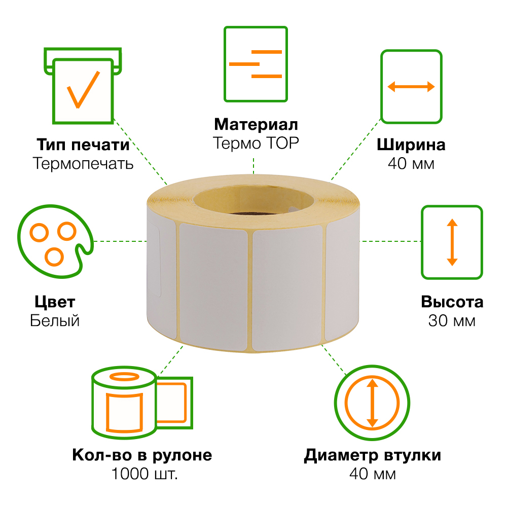 Термоэтикетки самоклеящиеся TOP 40*30 мм, втулка 40 мм, 1000 шт./рол. Термоэтикетки самоклеящиеся TOP 40*30 мм, втулка 40 мм, 1000 шт./рол.