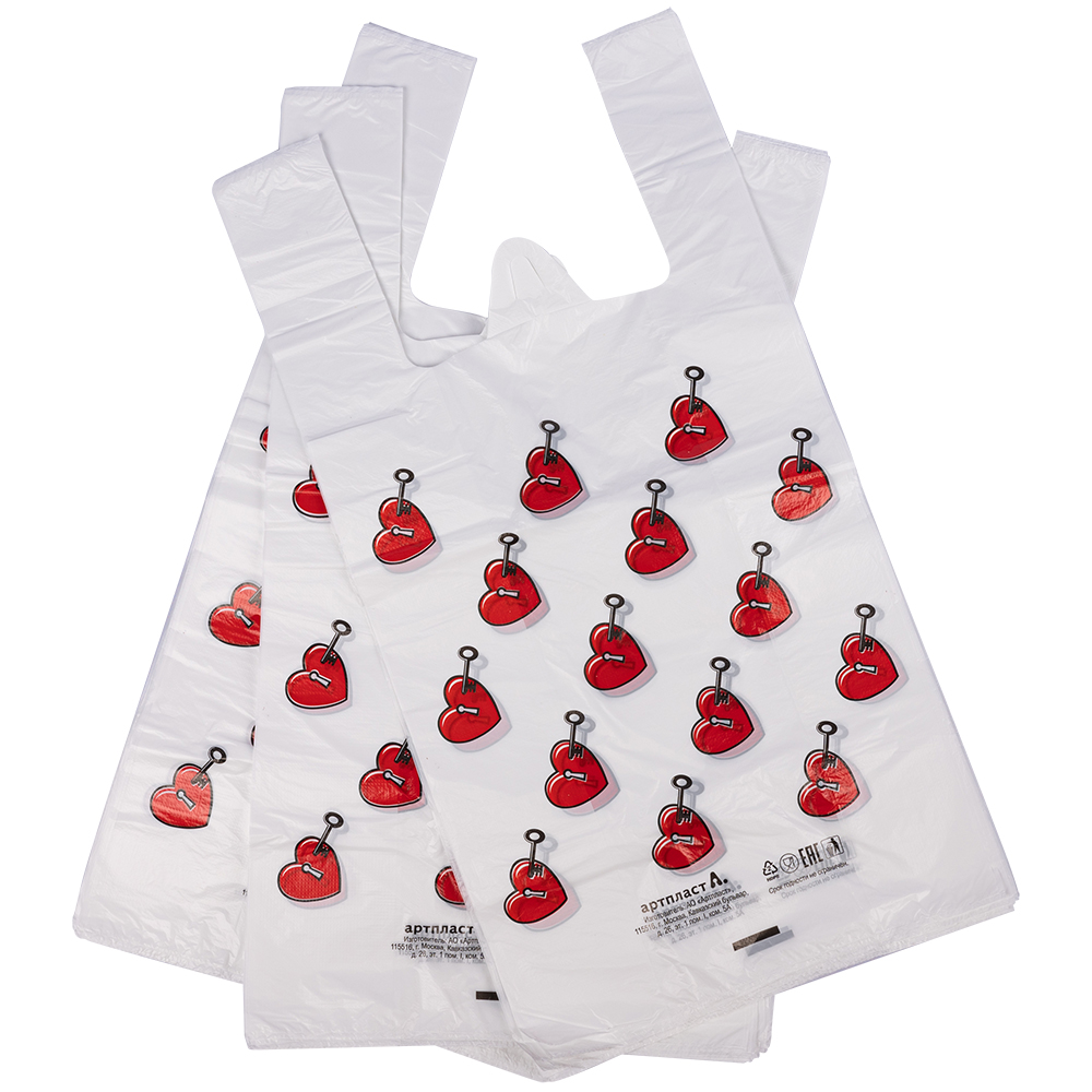 Полиэтиленовый пакет майка ПНД «Сердечки», 30+16*60см, 15 мкм, 50шт. Полиэтиленовый пакет майка ПНД «Сердечки», 30+16*60см, 15 мкм, 50шт.