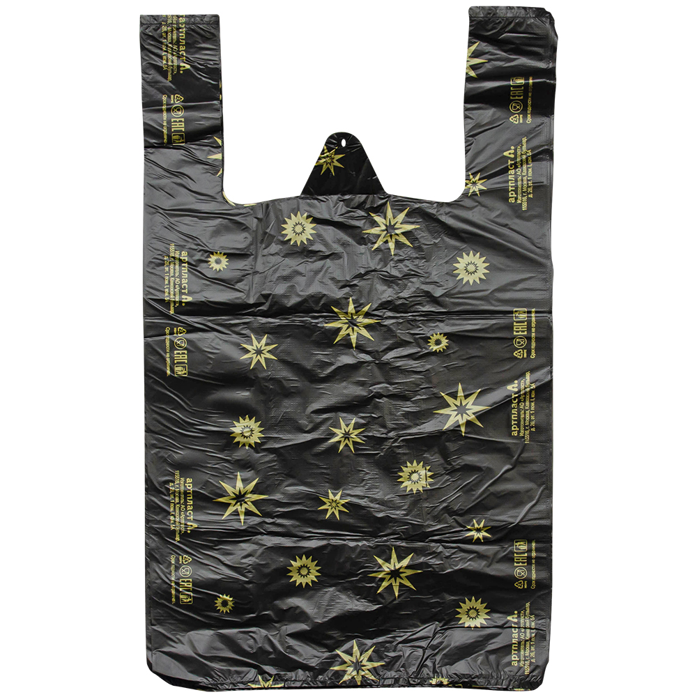 Пакет майка ПНД черного цвета «Звезды», 32+16*55см, 17 мкм, 50шт. Пакет майка ПНД черного цвета «Звезды», 32+16*55см, 17 мкм, 50шт.