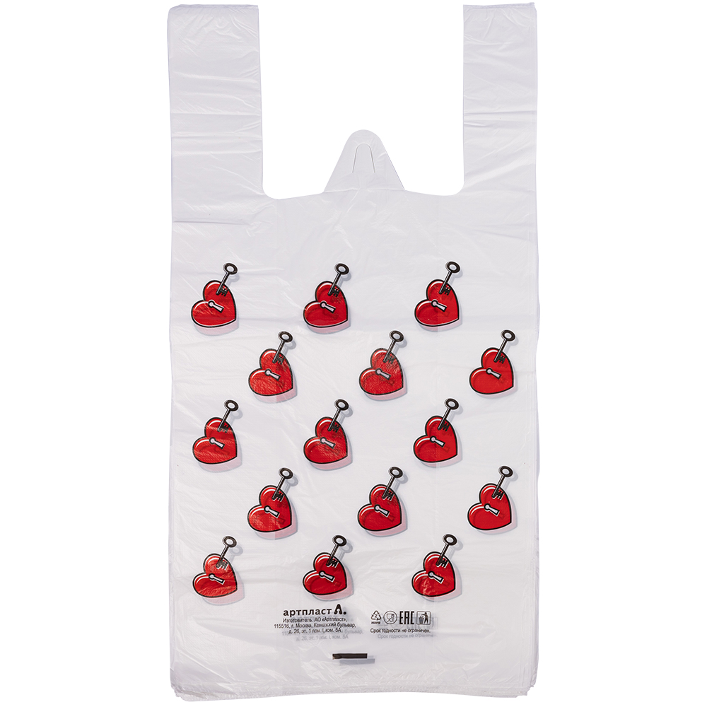 Полиэтиленовый пакет майка ПНД «Сердечки», 30+16*60см, 15 мкм, 50шт. Полиэтиленовый пакет майка ПНД «Сердечки», 30+16*60см, 15 мкм, 50шт.