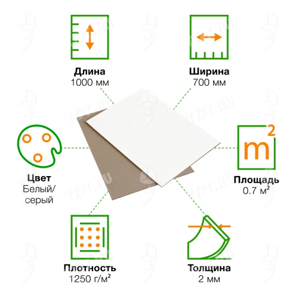 Обложечный картон с белым покровным слоем, 1000*700*2 мм