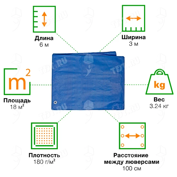 Защитный тент «Тарпаулин®» с люверсами синий, 3*6 м, 180 г/м²