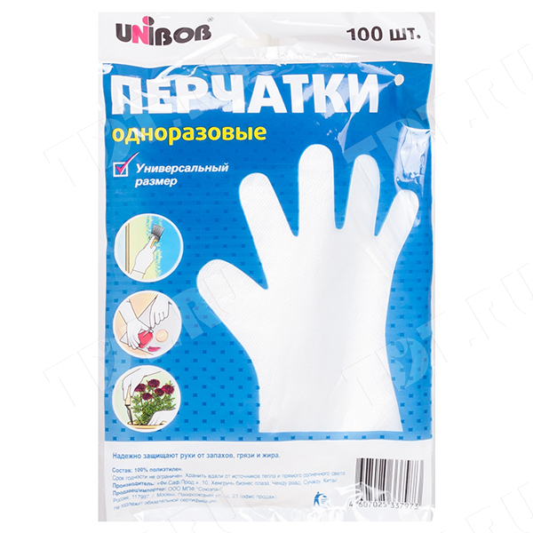 Перчатки полиэтиленовые Unibob, прозрачные, 100шт./уп.