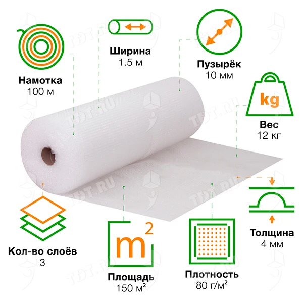 Воздушно пузырьковая пленка, 100*1.5 м «Премиум», 80 г/м², трёхслойная