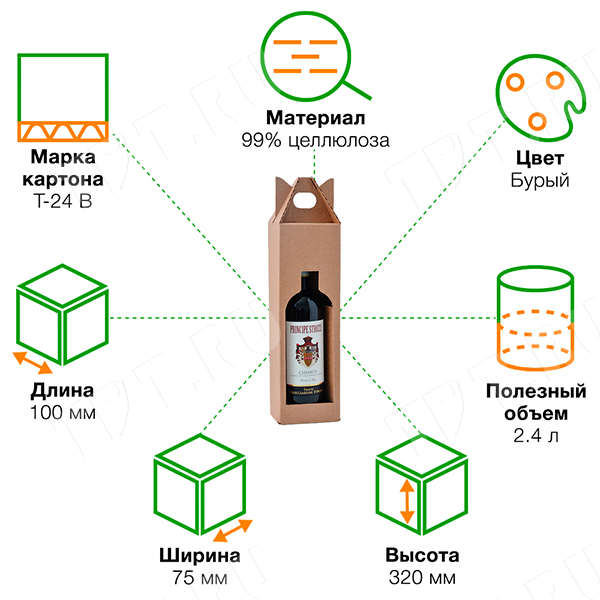 Картонный короб №80 под одну бутылку, 100*75*320 мм, Т-24 В