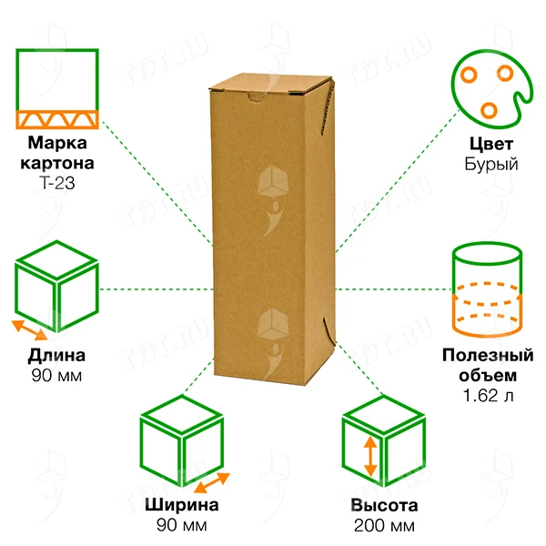 Картонная коробка №97 под одну бутылку, 90*90*200 мм